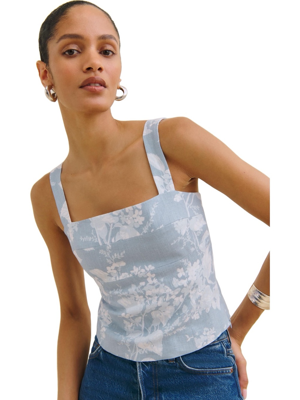 Reformation Darci Linen Square-Neck Tank in Angelic (Light Blue Floral)